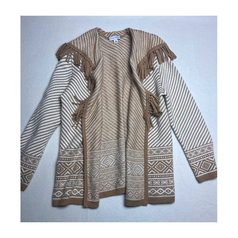 Susan Graver Cardigan Sweater Medium Tan White Fringe Neck Collar Open Boho